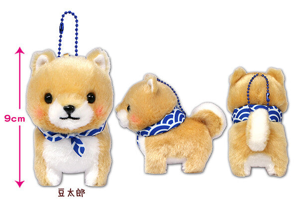 Peluche - Mameshiba Sankyoudai - Shiba Inu Beige avec Foulard Bleu 9cm
