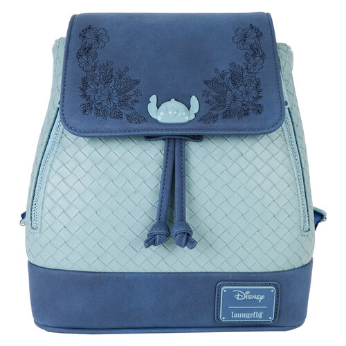 Mini Sac à Dos - Disney Lilo & Stitch - Tête de Stitch et Fleurs en Broderie en Faux Cuir Bleu