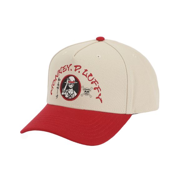 Casquette - One Piece - Silhouette de Luffy Brodée avec Kanji Beige et Rouge Ajustable Snapback