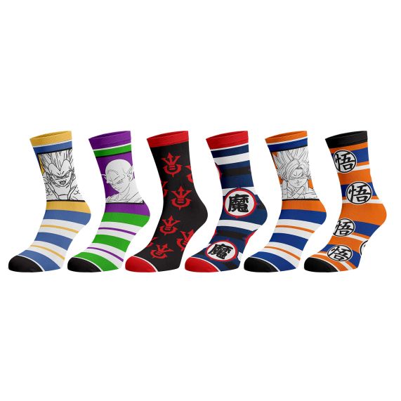 Chaussettes - Dragon Ball Z - Goku, Vegeta, Piccolo et Symboles Variés Paquet de 6 Paires Crew