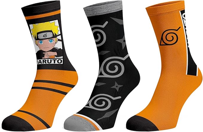 Chaussettes - Naruto Shippuden - Naruto Jutsu et Logo Konoha Paquet de 3 Paires Crew