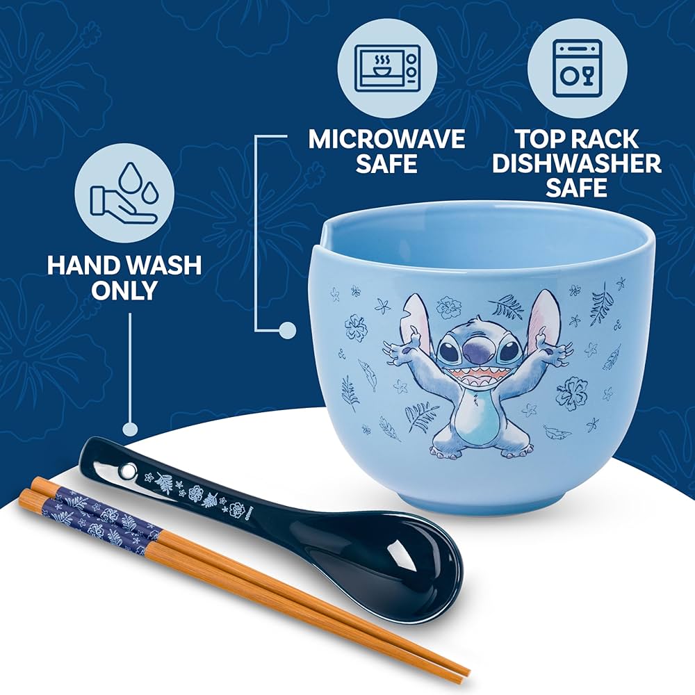 Bol - Disney Lilo & Stitch - Stitch Lance des Feuilles pour Ramen avec Baguettes et Cuillère