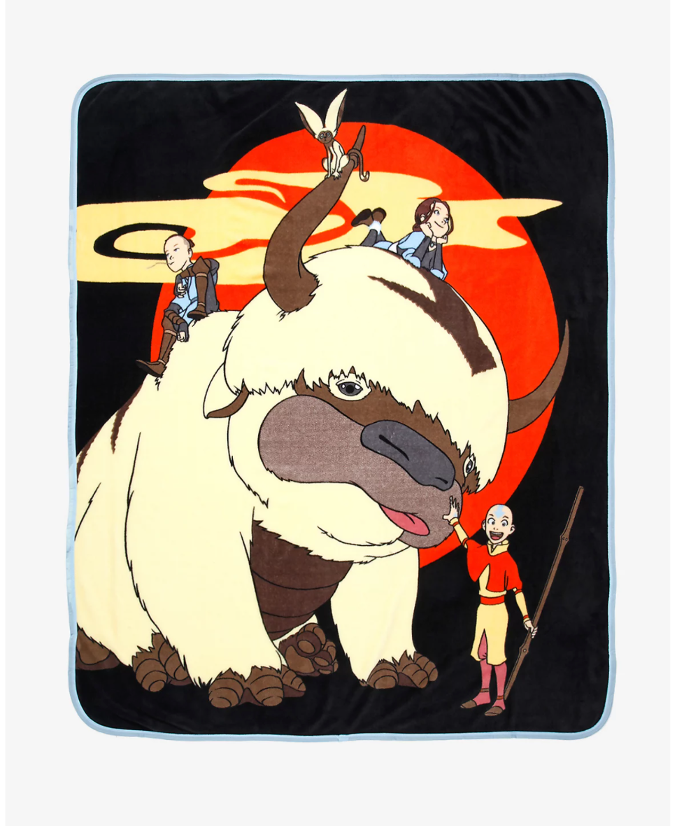 chez-rhox-geek-stop-blanket-avatar-the-last-airbender-aang-sokka-katara-and-appa-sunset-fleece-throw.png