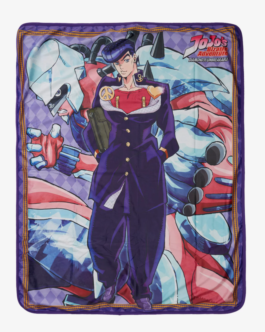 chez-rhox-geek-stop-blanker-JoJos-bizarre-diamond-stance-josuke-fleece-throw-2.png