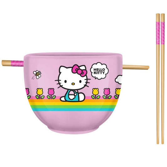 Bol - Sanrio - Hello Kitty avec Fleurs et Arc-en-ciel pour Ramen avec Baguettes