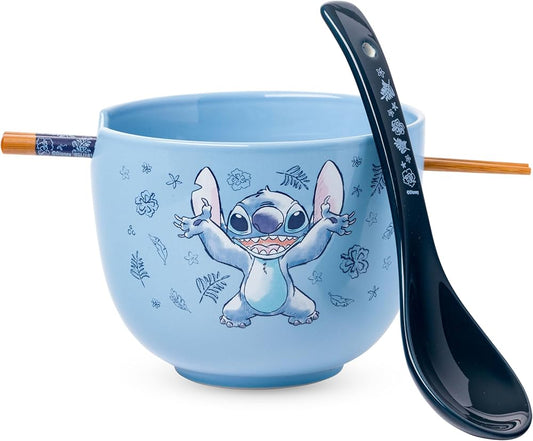 Bol - Disney Lilo & Stitch - Stitch Lance des Feuilles pour Ramen avec Baguettes et Cuillère
