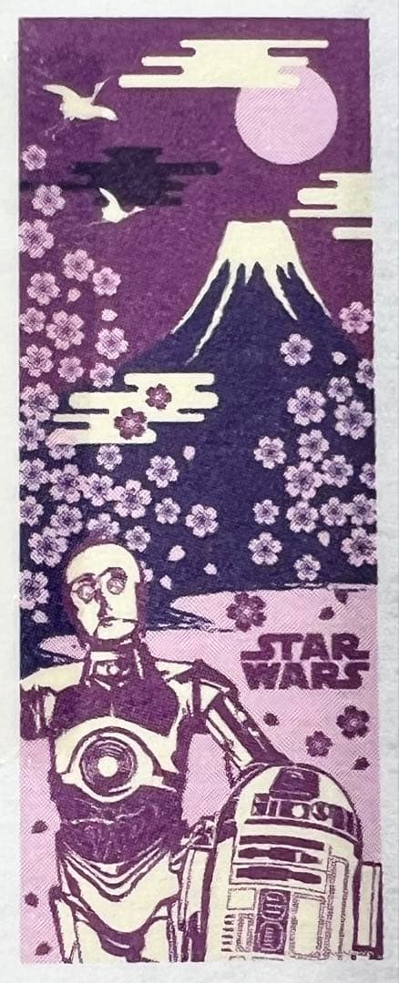 Hand Towel - Star Wars Tenugui - R2-D2 and C3PO in front of Mount Fuji in Purple Flower