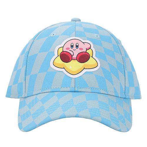 chez-rhox-geek-shop-hat-nintendo-kirby-kirby-sitting-on-his-star-embroided-patch-blue-and-grey-checkered-snapback-1.jpg